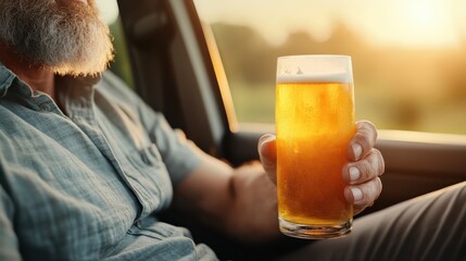 A man with a beard enjoys a refreshing glass of beer while sitting in his vehicle, exemplifying relaxation and the joy of simple pleasures during a sunny day.