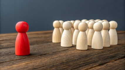 Red Figure Leading: A striking image of a vibrant red figure confidently leading a collection of wooden figures. This conceptual depiction underscores the powerful themes of leadership, direction.
