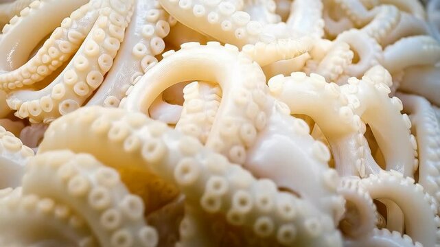 Pile of cooked octopus tentacles displayed closely showing suction cups and creamy white coloring, fresh seafood preparation