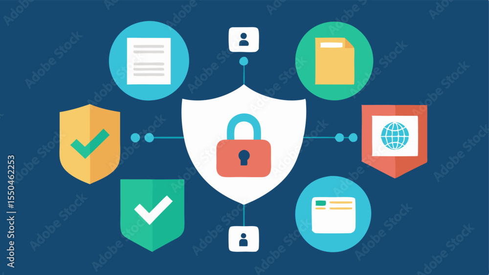 Poster an illustration showing privacy icons like shields and locked vaults around individual voter data re