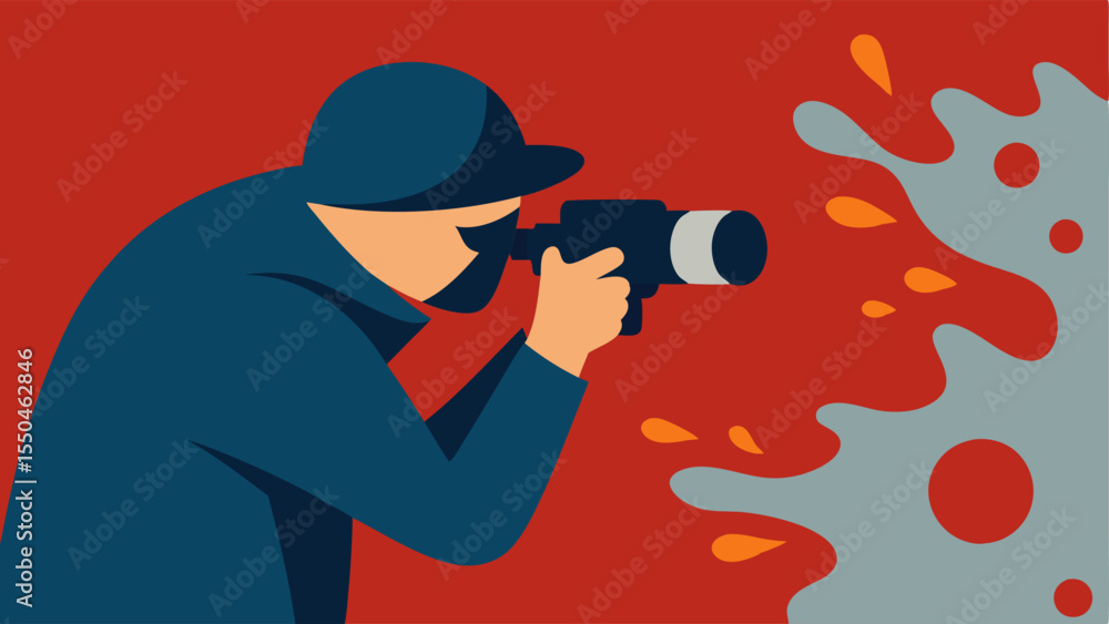 Poster closeup of evidence a forensic photographer taking a detailed macro shot of a spatter pattern on a w