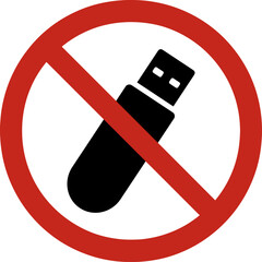 Red prohibition sign crossing out black usb flash drive, preventing data transfer