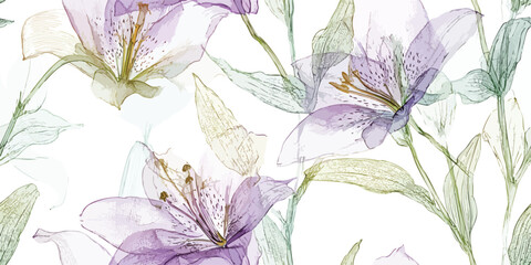Ethereal lily Alstroemeria Bloom Seamless Pattern Transparent Botanical Vector Illustration for design, textile, packaging, fabric wallpaper branding, stationery wrapping paper interior decor