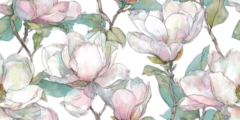 Elegant Magnolia Bloom Seamless Pattern Botanical Vector Illustration for design, textile, packaging, fabric wallpaper branding, stationery wrapping paper interior decor