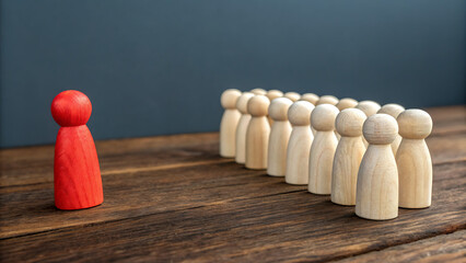 Red Figure Leadership: A symbolic depiction of leadership, showcasing a vibrant red figure leading a team of neutral wooden figures on a textured wooden surface.