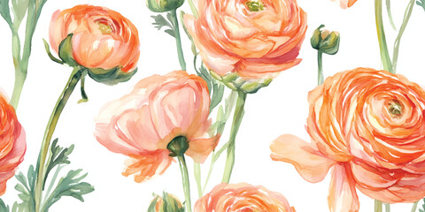 Watercolor Ranunculus Seamless Pattern Soft Floral Vector Print for design, textile, packaging, fabric wallpaper branding, stationery wrapping paper interior decor