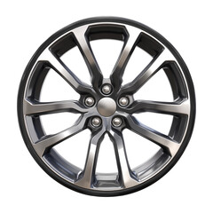 Obraz premium Isolated on white, a silver car wheel with an aluminum alloy rim and steel disk tire for automotive transportation
