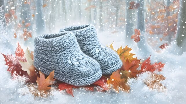 Baby Booties in Snowy Autumn Leaves Winter Scene