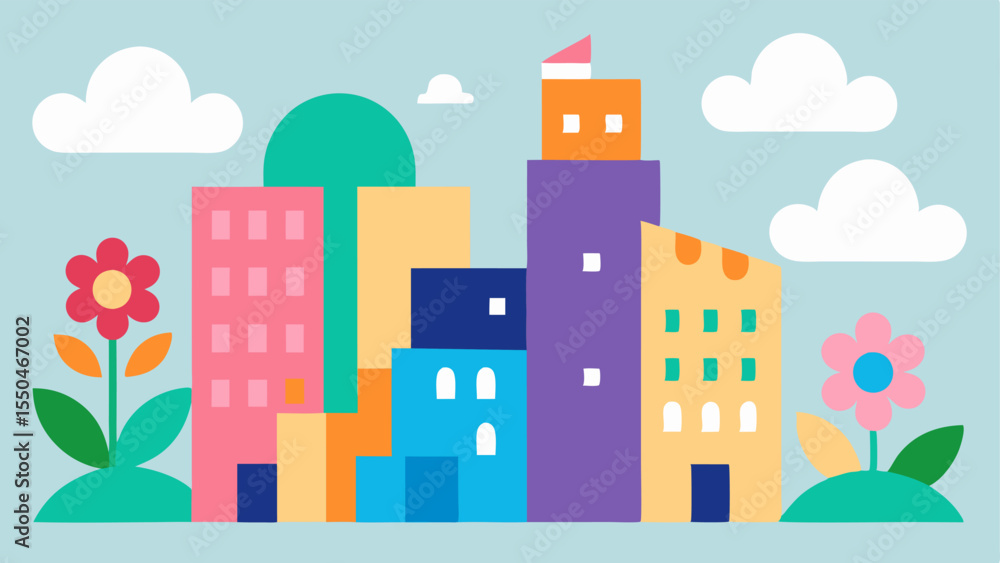 Poster background elements a simple urban scene with colorful buildings and playful details like oversized 