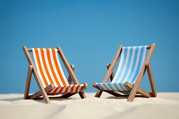 Two striped deckchairs on a sand