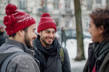 Group of friends having fun in the city in winter. Cheerful young men and women walking in the city.