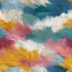 Seamless pattern of feathered brushstrokes in turquoise, yellow, and pink on a textured background
