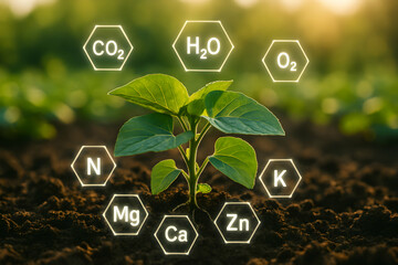 Young plant sprouting from soil with chemical symbols, representing essential nutrients