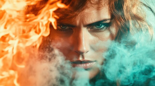A fierce woman stares intensely at the camera, framed by swirling smoke and flames, creating a dramatic atmosphere that conveys passion and strength through powerful visuals.