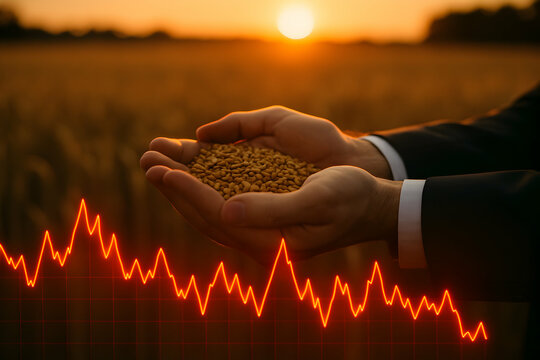 Wheat in hands, sunset backdrop, falling market graph - Powered by Adobe