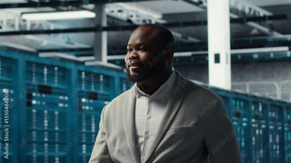 Poster smiling employee walking in high tech data center with machines powering networks, running companies