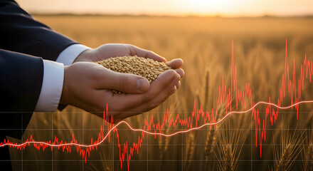 Businessman holds wheat, market graph over wheat field at sunset