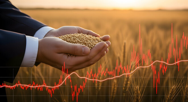 Businessman holds wheat, market graph over wheat field at sunset