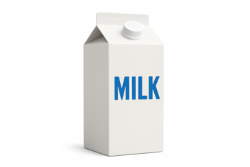Milky white carton featuring blue dairy text, sealed screw cap, positioned against clean transparent surface highlighting packaging design