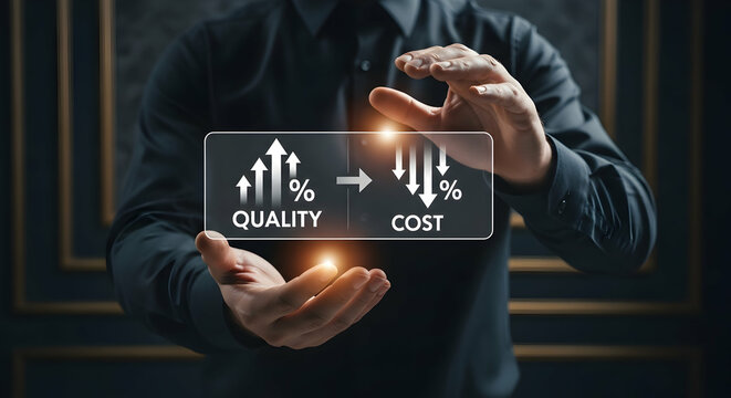 A person in a black shirt holds a transparent interface displaying a balance between quality and cost