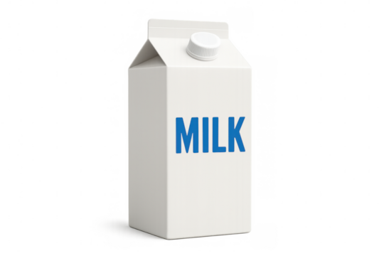 Milky white carton featuring blue dairy text, sealed screw cap, positioned against clean transparent surface highlighting packaging design