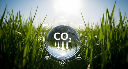 Glass sphere with CO2 graphic, surrounded by green grass and environmental icons, under a bright sky