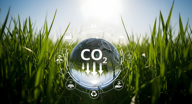 Glass sphere with CO2 graphic, surrounded by green grass and environmental icons, under a bright sky