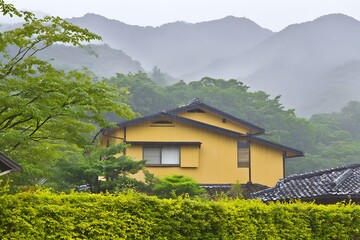 Fototapeta premium Yellow house in misty mountains