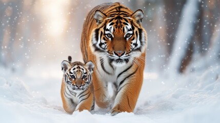 A beautiful scene capturing a majestic tiger and its adorable cub walking together through a snowy forest, showcasing their bond and natural beauty in winter's tranquil setting.