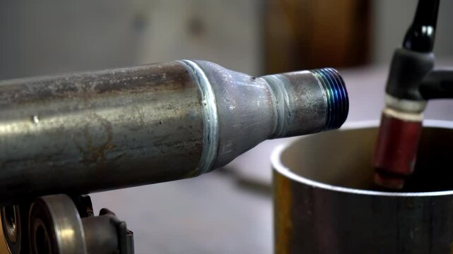 Steel Pipe Is Turning On Small Wheels Of Automated Machine. Close Up. Thread On The End Of Steel Item. At Manufacturing Factory. Steel Materials For Production. Industrial Process.