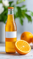 Refreshing bottled spritz with orange and condensation on bright marble surface