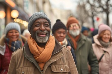 Portrait of senior man in winter clothes smiling at camera while walking on the street