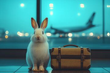 White Bunny at Airport with Suitcase - Travel & Adventure