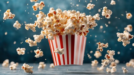A visually captivating explosion of popcorn in a classic red and white striped container, showcasing the excitement and joy of movie nights and shared experiences.