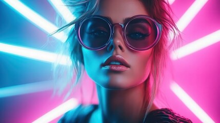 A glamorous woman poses confidently with oversized sunglasses against a vibrant neon background, highlighting her bold makeup and striking features with an artistic flair.