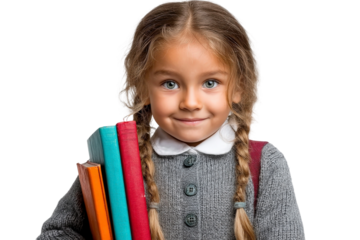 Happy schoolgirl with books smiling at the camera, showcasing excitement for learning and education, dressed in gray sweater with braided hair and colorful books