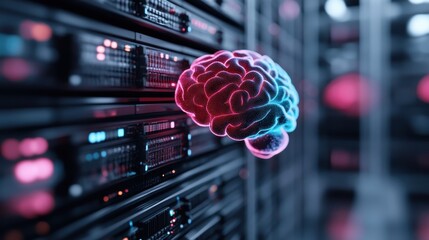 A futuristic digital rendering of a brain glows interactively amidst a backdrop of technological servers, representing innovation, intelligence, and the convergence of mind and machine.