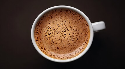 A close-up view of a freshly brewed cup of coffee displaying frothy texture and rich color in a simplistic white ceramic mug, inviting warmth and comfort for coffee lovers.