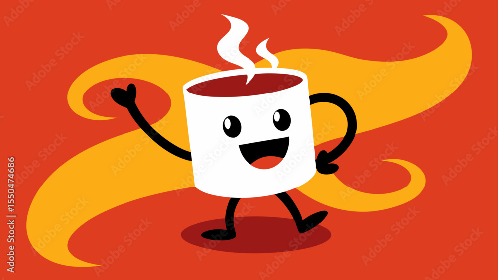 Poster dynamic pose the coffee mug is depicted at an angle as if its dancing with one handle raised like a 