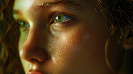 Close up of woman face with thoughtful expression, showcasing detailed features and glistening skin. vibrant green eyes reflect depth and emotion, creating engaging portrait