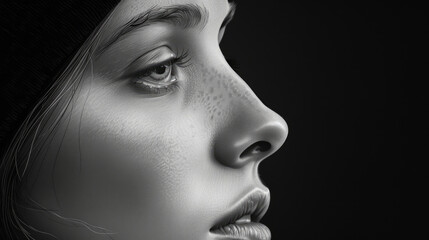 Close up of woman face in profile, showcasing thoughtful expression and intricate skin details. monochrome tones enhance emotional depth and highlight features beautifully