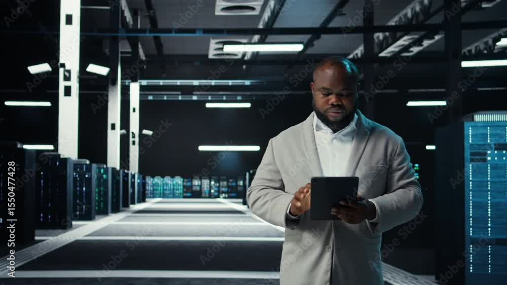 Poster server room technician doing troubleshooting using tablet to prevent downtime. it expert walking in 