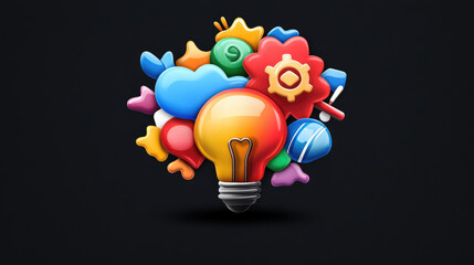 Vibrant collection of colorful icons representing creativity and innovation, featuring light bulb surrounded by various shapes and symbols. This evokes inspiration and brainstorming