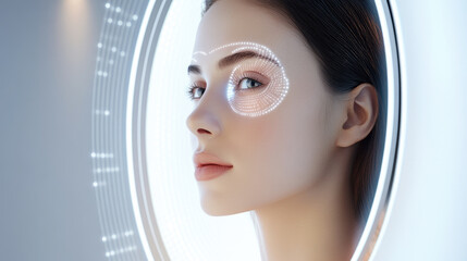 Futuristic smart mirror displaying health metrics reflects woman face, showcasing advanced technology and beauty. glowing interface highlights her features, creating captivating visual experience