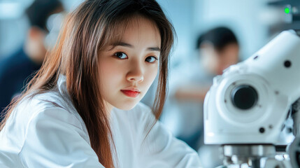 Focused engineer examines prototype robot in laboratory setting, showcasing innovation and technology. atmosphere is filled with curiosity and determination