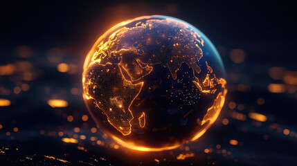 Glowing globe illuminated by digital lights showcases intricate details of continents and oceans, creating captivating visual of Earth. vibrant colors evoke sense of wonder and exploration