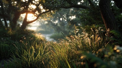 Golden hour tranquility in a verdant grove
