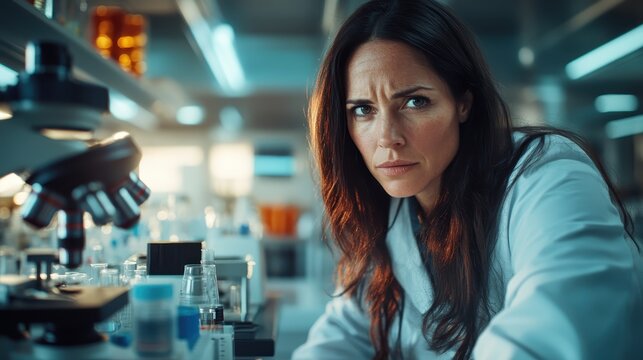 A focused female scientist examines a sample in her high-tech lab, illuminated by soft light that emphasizes her concentration and the surrounding scientific tools. - Powered by Adobe