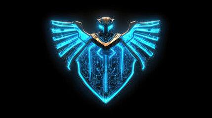 Futuristic shield icon featuring glowing blue lines and circuits, symbolizing strength and technology. design evokes sense of protection and innovation, perfect for digital or gaming theme