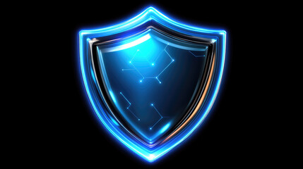 Glowing shield icon featuring intricate circuits and lines, symbolizing protection and technology. vibrant blue light enhances its modern design, evoking sense of security and innovation